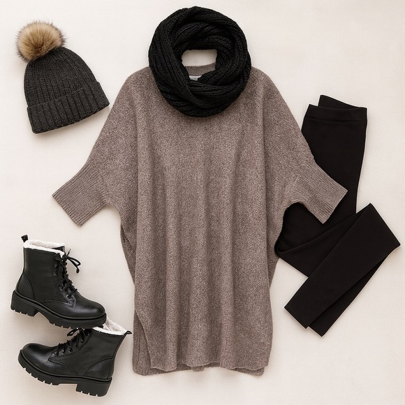 Max Studio Wool–Yak Oversized Ribbed Sweater Tunic – Heathered Taupe – L - Picture 9 of 9